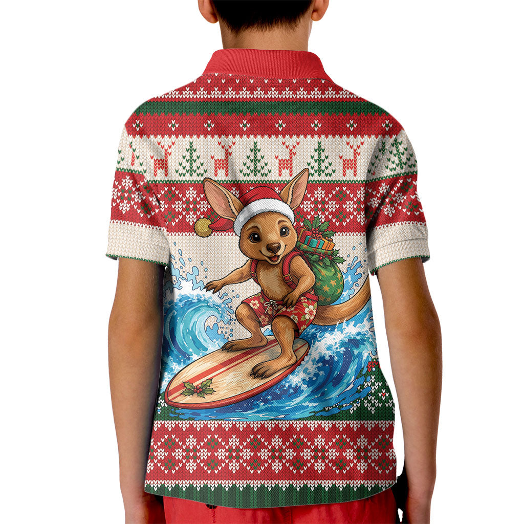 Aussie Wallaby Santa Surf Christmas Kid Polo Shirt Festive Knitted Pattern Inspired