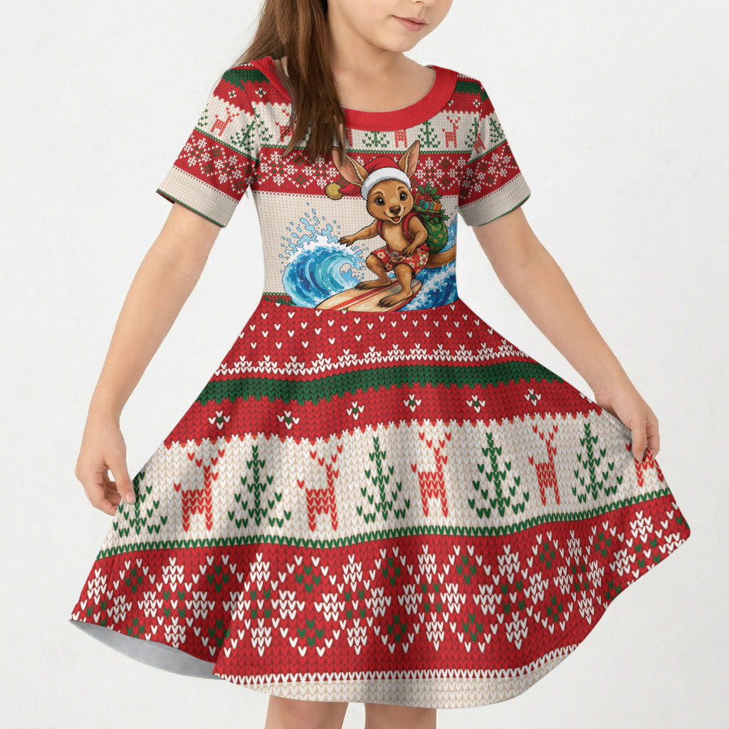 Aussie Wallaby Santa Surf Christmas Kid Short Sleeve Dress Festive Knitted Pattern Inspired