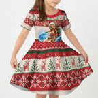 Aussie Wallaby Santa Surf Christmas Kid Short Sleeve Dress Festive Knitted Pattern Inspired