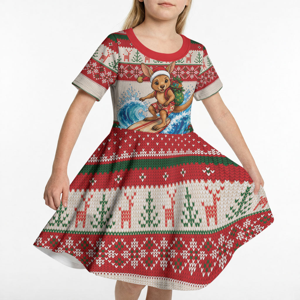 Aussie Wallaby Santa Surf Christmas Kid Short Sleeve Dress Festive Knitted Pattern Inspired