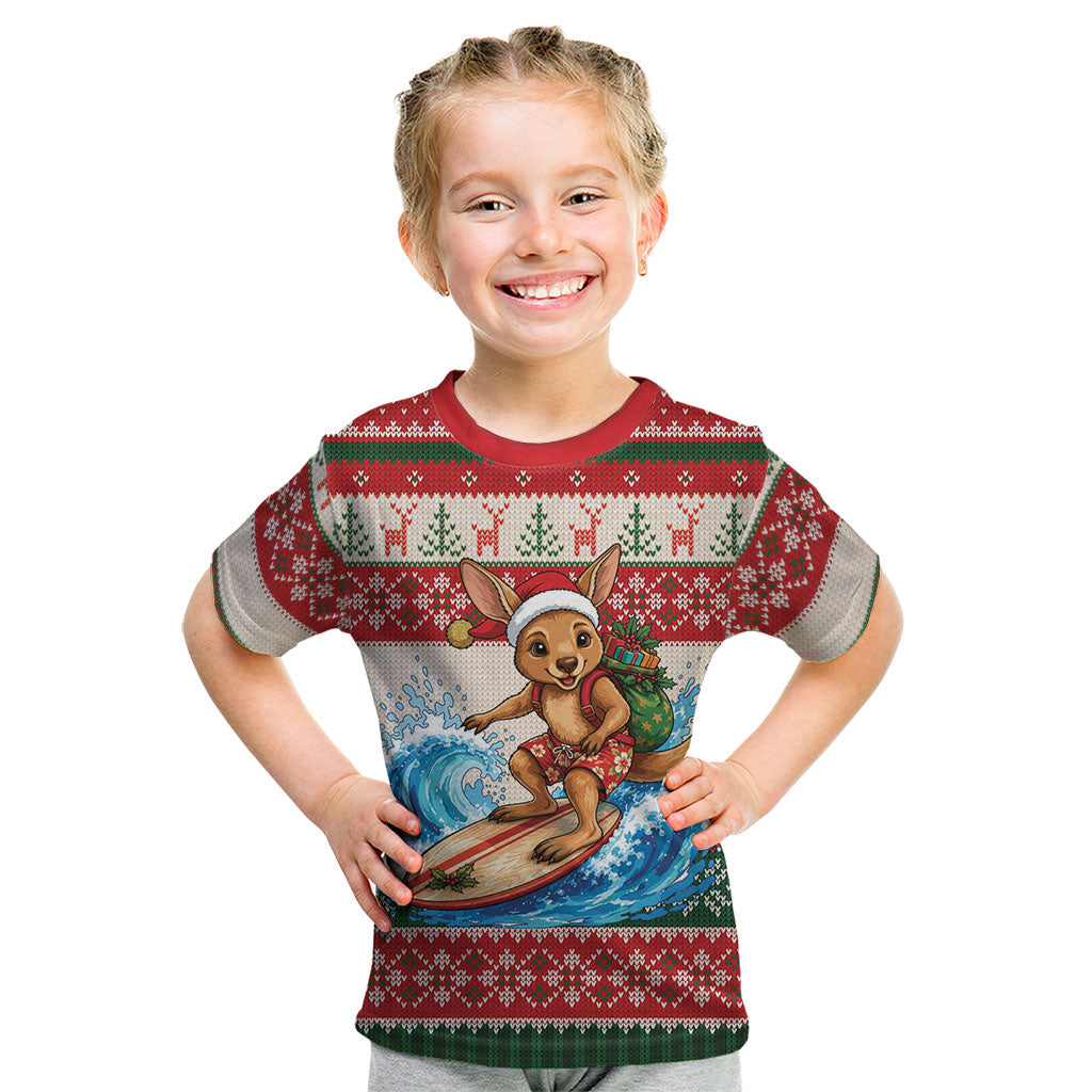 Aussie Wallaby Santa Surf Christmas Kid T Shirt Festive Knitted Pattern Inspired