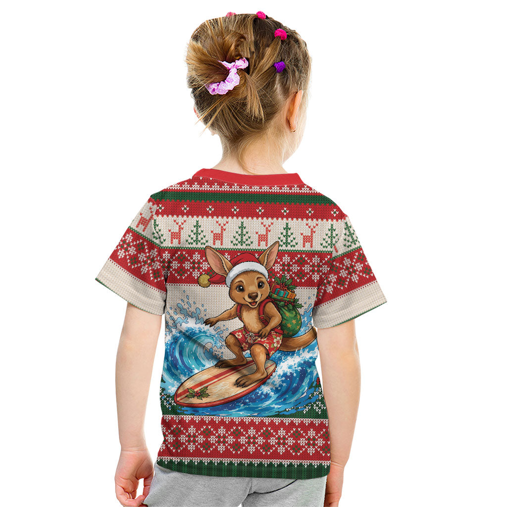 Aussie Wallaby Santa Surf Christmas Kid T Shirt Festive Knitted Pattern Inspired