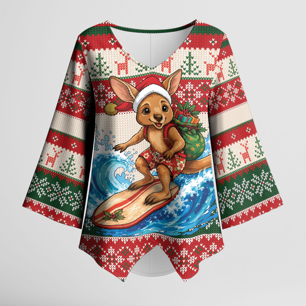 Aussie Wallaby Santa Surf Christmas Kimono Sleeve Blouse Festive Knitted Pattern Inspired