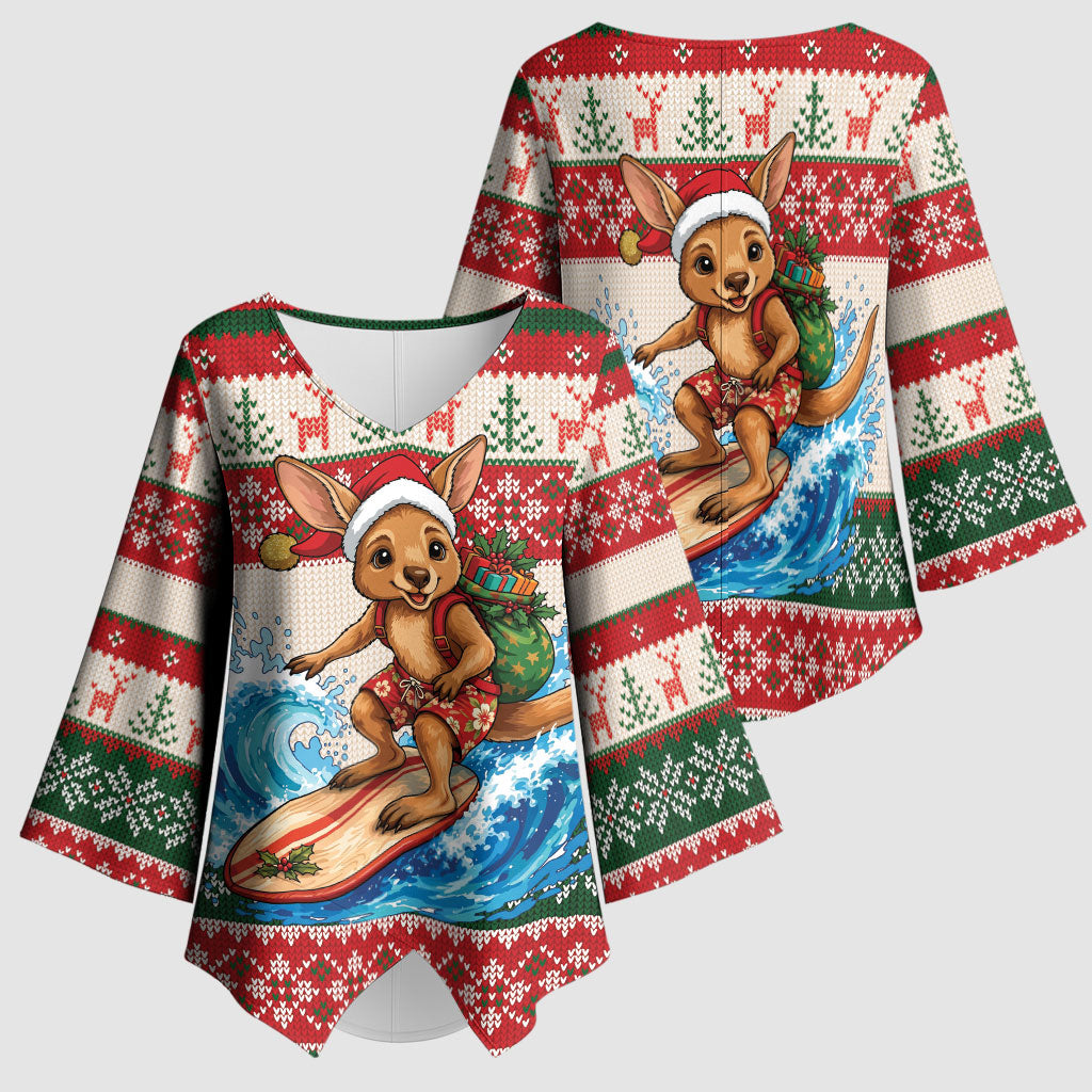 Aussie Wallaby Santa Surf Christmas Kimono Sleeve Blouse Festive Knitted Pattern Inspired