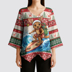 Aussie Wallaby Santa Surf Christmas Kimono Sleeve Blouse Festive Knitted Pattern Inspired