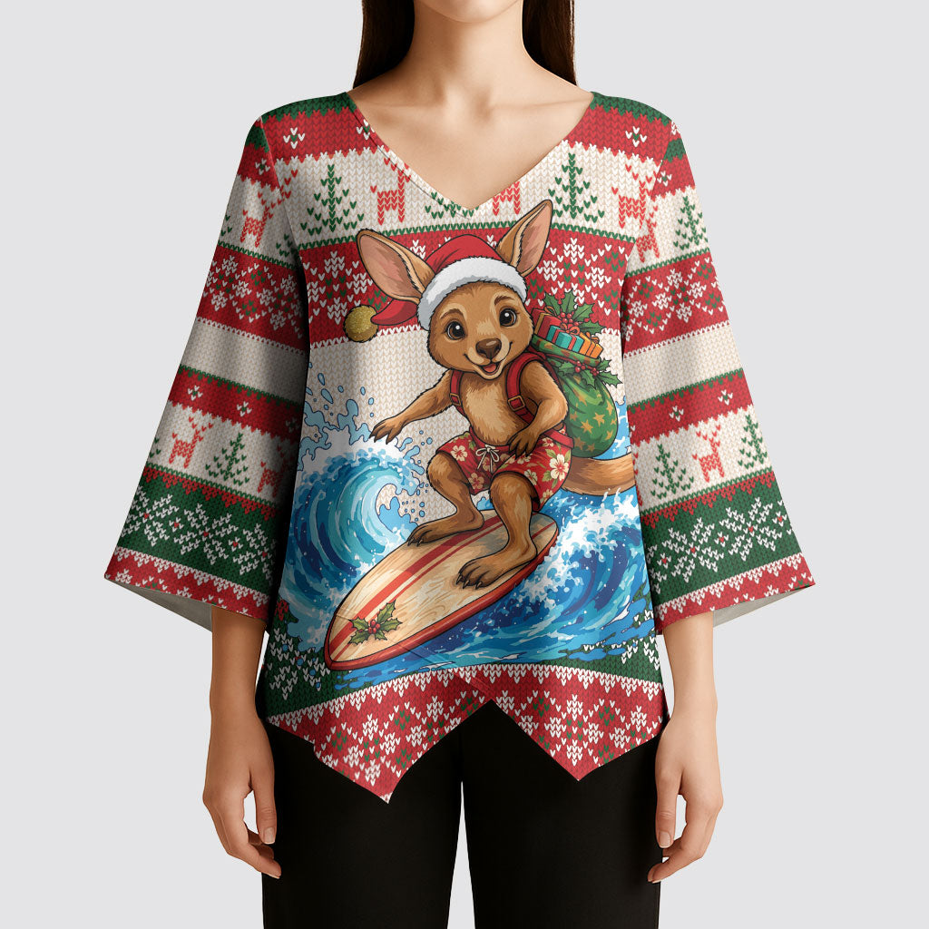 Aussie Wallaby Santa Surf Christmas Kimono Sleeve Blouse Festive Knitted Pattern Inspired
