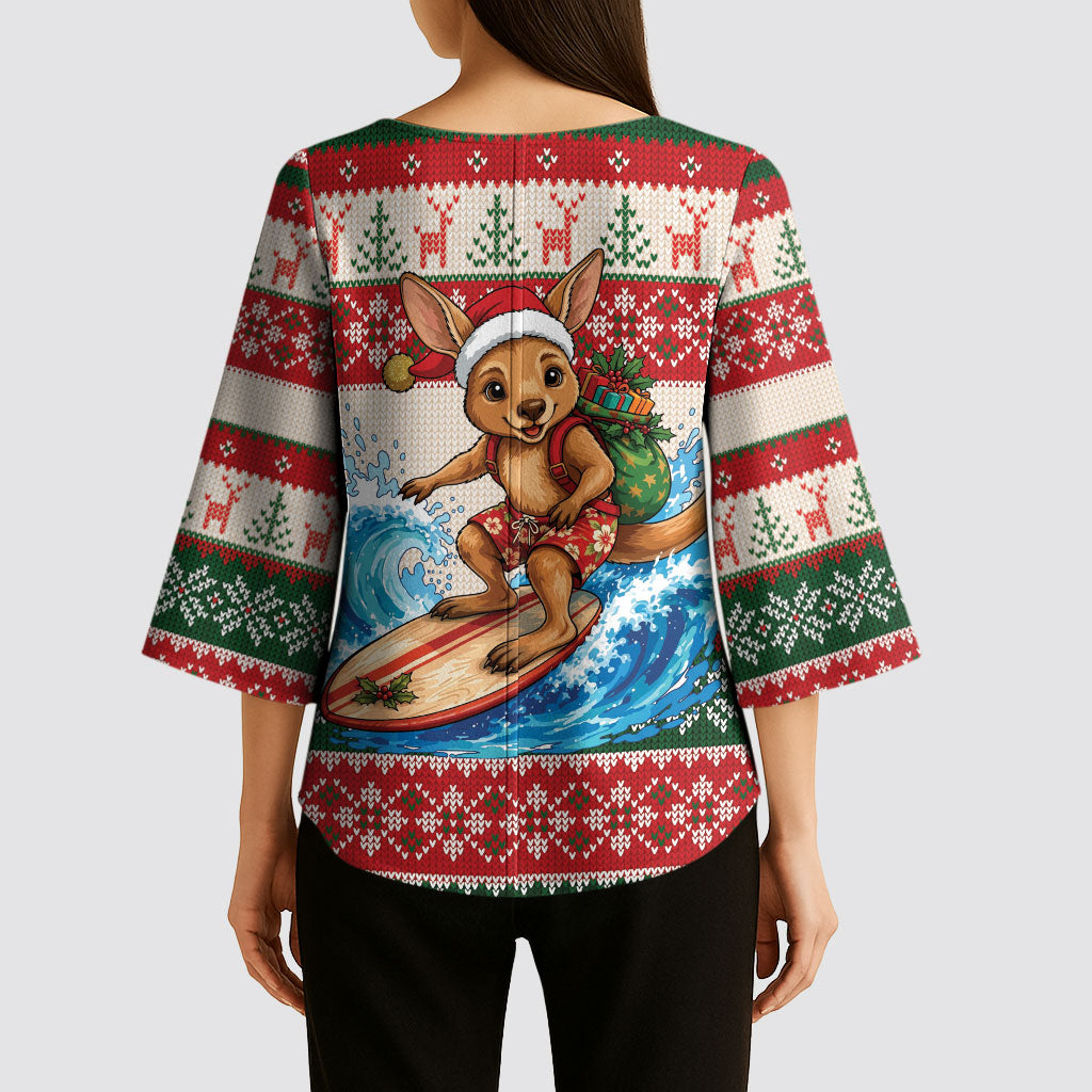 Aussie Wallaby Santa Surf Christmas Kimono Sleeve Blouse Festive Knitted Pattern Inspired