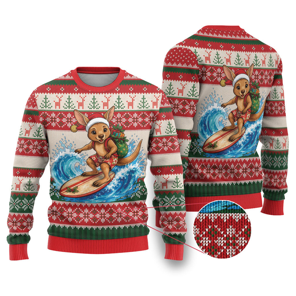 Aussie Wallaby Santa Surf Christmas Ugly Christmas Sweater Festive Knitted Pattern Inspired