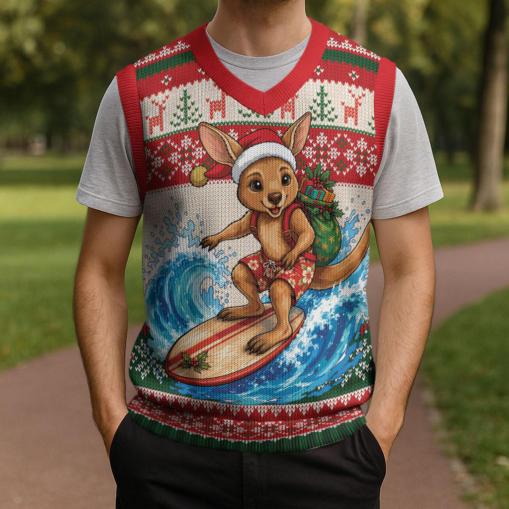 Aussie Wallaby Santa Surf Christmas Knitted V-Neck Vest Festive Knitted Pattern Inspired