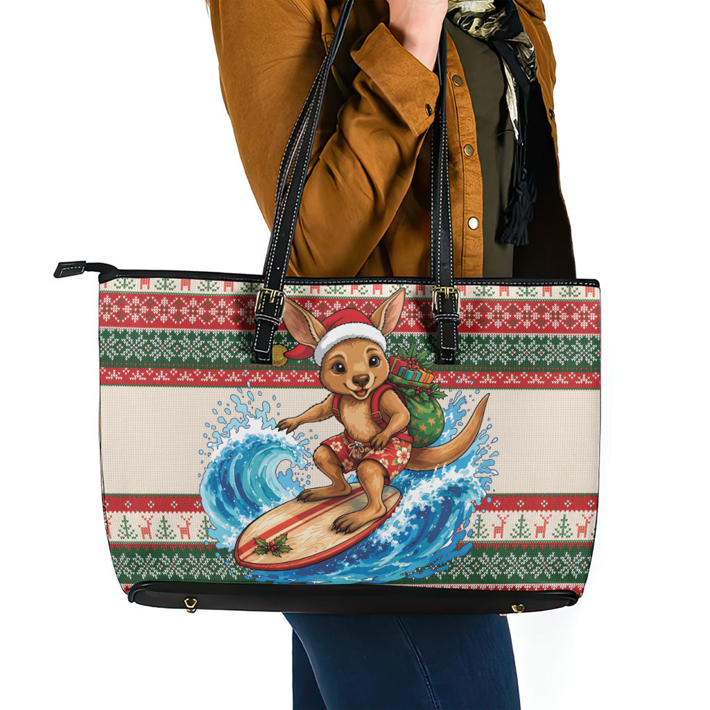 Aussie Wallaby Santa Surf Christmas Leather Tote Bag Festive Knitted Pattern Inspired