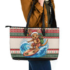 Aussie Wallaby Santa Surf Christmas Leather Tote Bag Festive Knitted Pattern Inspired