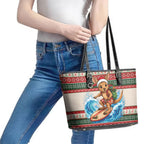 Aussie Wallaby Santa Surf Christmas Leather Tote Bag Festive Knitted Pattern Inspired