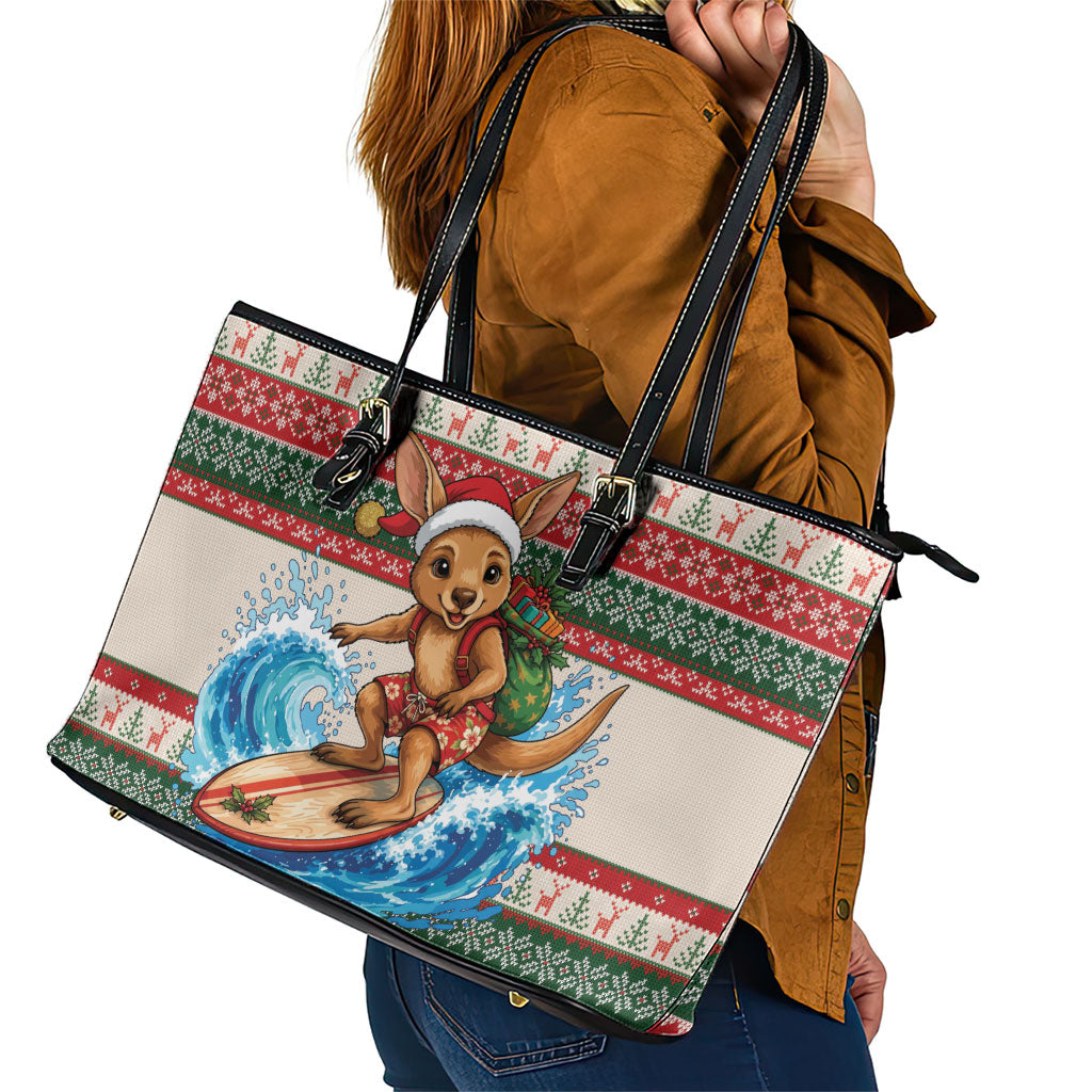 Aussie Wallaby Santa Surf Christmas Leather Tote Bag Festive Knitted Pattern Inspired