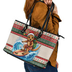 Aussie Wallaby Santa Surf Christmas Leather Tote Bag Festive Knitted Pattern Inspired