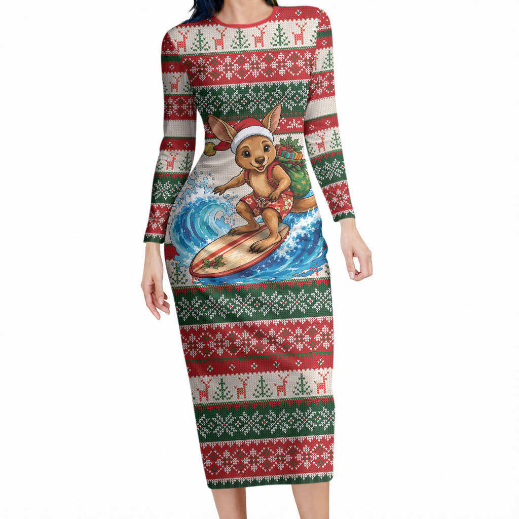 Aussie Wallaby Santa Surf Christmas Long Sleeve Bodycon Dress Festive Knitted Pattern Inspired