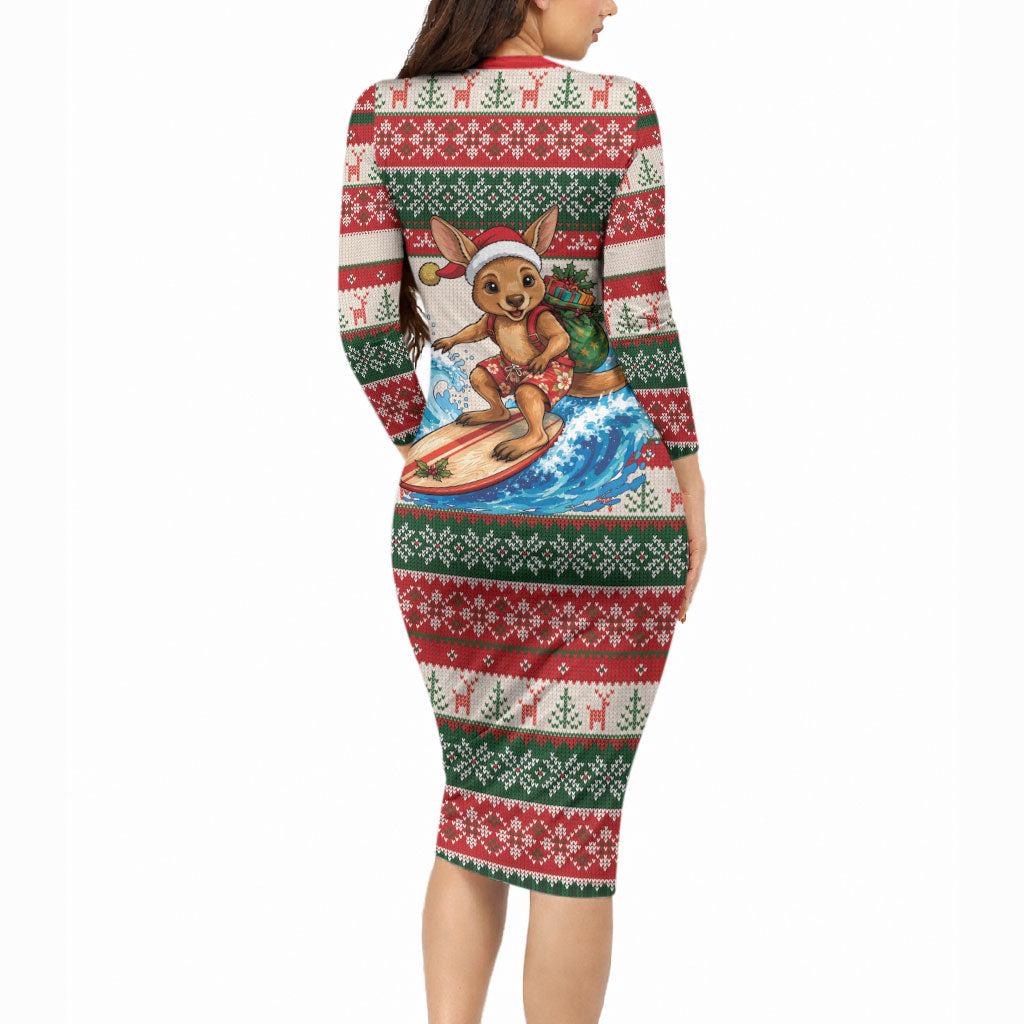 Aussie Wallaby Santa Surf Christmas Long Sleeve Bodycon Dress Festive Knitted Pattern Inspired