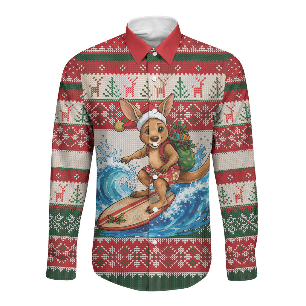 Aussie Wallaby Santa Surf Christmas Long Sleeve Button Shirt Festive Knitted Pattern Inspired