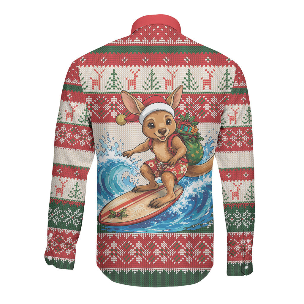 Aussie Wallaby Santa Surf Christmas Long Sleeve Button Shirt Festive Knitted Pattern Inspired