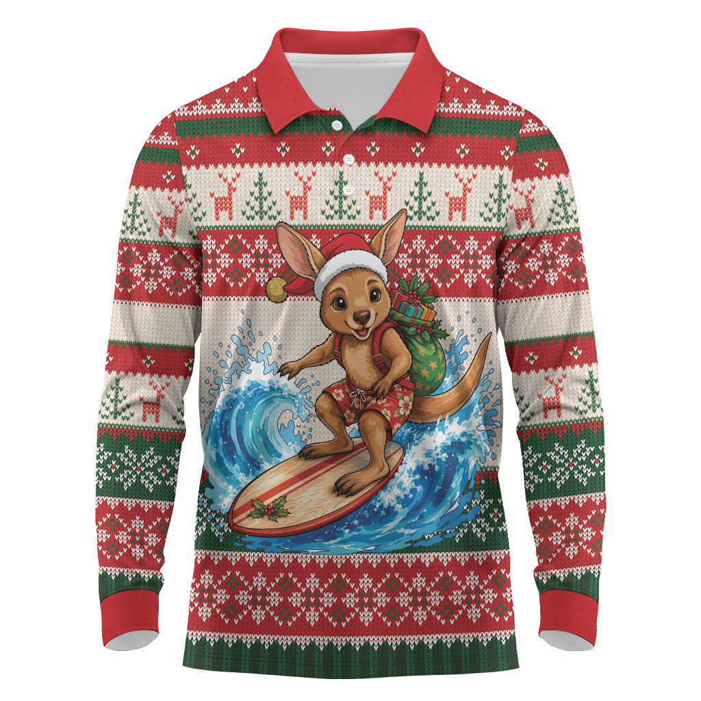 Aussie Wallaby Santa Surf Christmas Long Sleeve Polo Shirt Festive Knitted Pattern Inspired