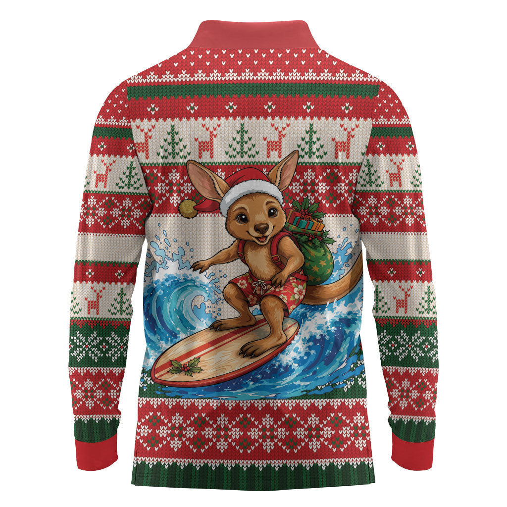 Aussie Wallaby Santa Surf Christmas Long Sleeve Polo Shirt Festive Knitted Pattern Inspired