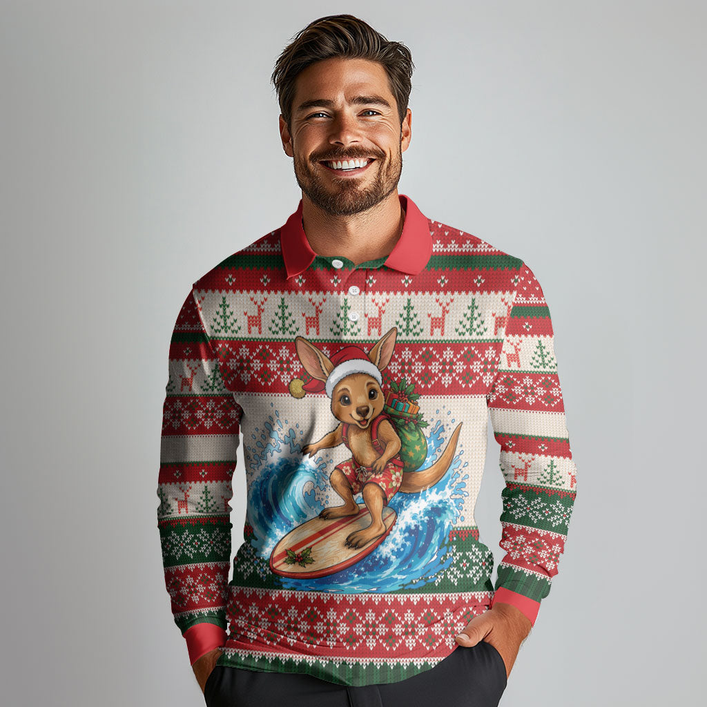 Aussie Wallaby Santa Surf Christmas Long Sleeve Polo Shirt Festive Knitted Pattern Inspired