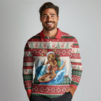 Aussie Wallaby Santa Surf Christmas Long Sleeve Polo Shirt Festive Knitted Pattern Inspired