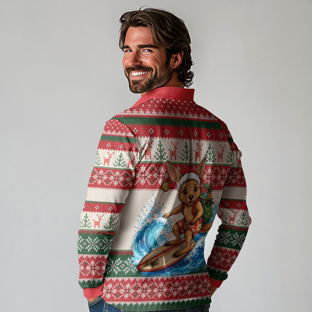 Aussie Wallaby Santa Surf Christmas Long Sleeve Polo Shirt Festive Knitted Pattern Inspired