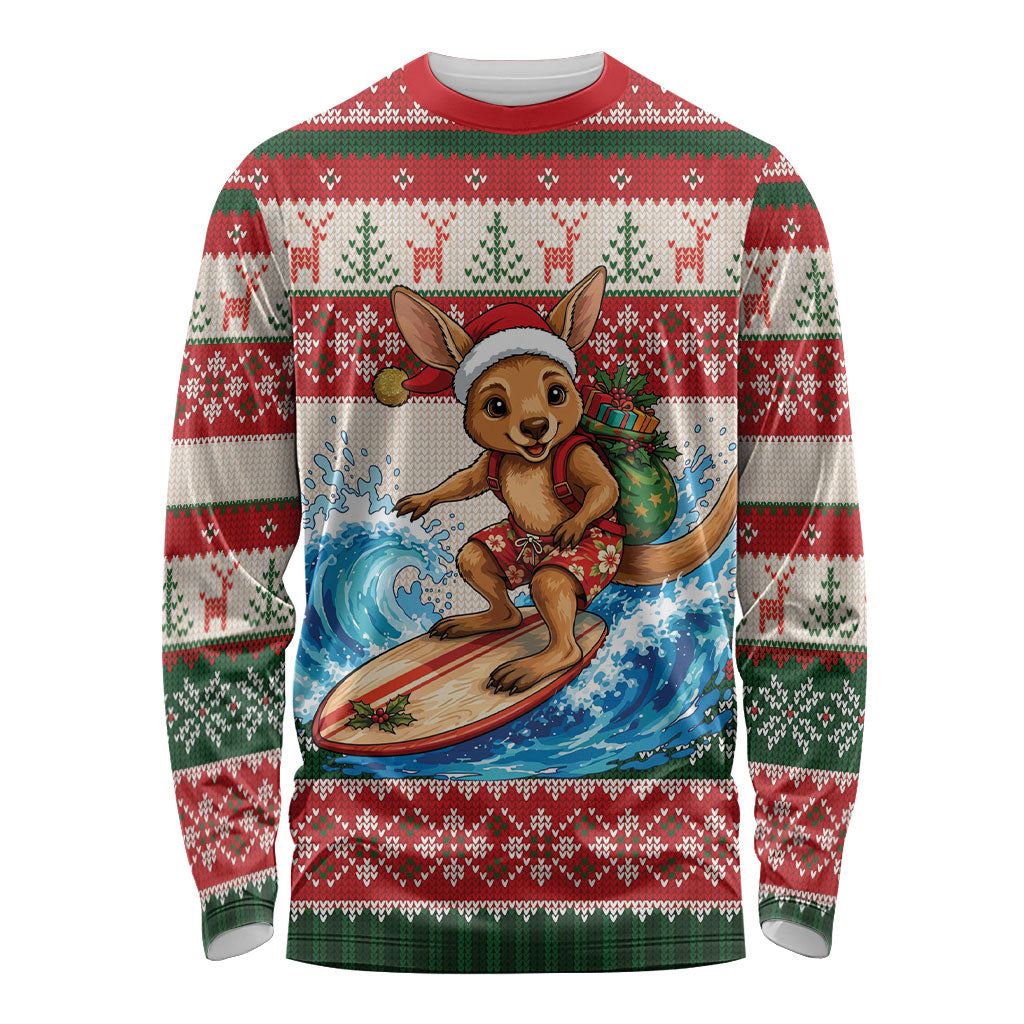 Aussie Wallaby Santa Surf Christmas Long Sleeve Shirt Festive Knitted Pattern Inspired
