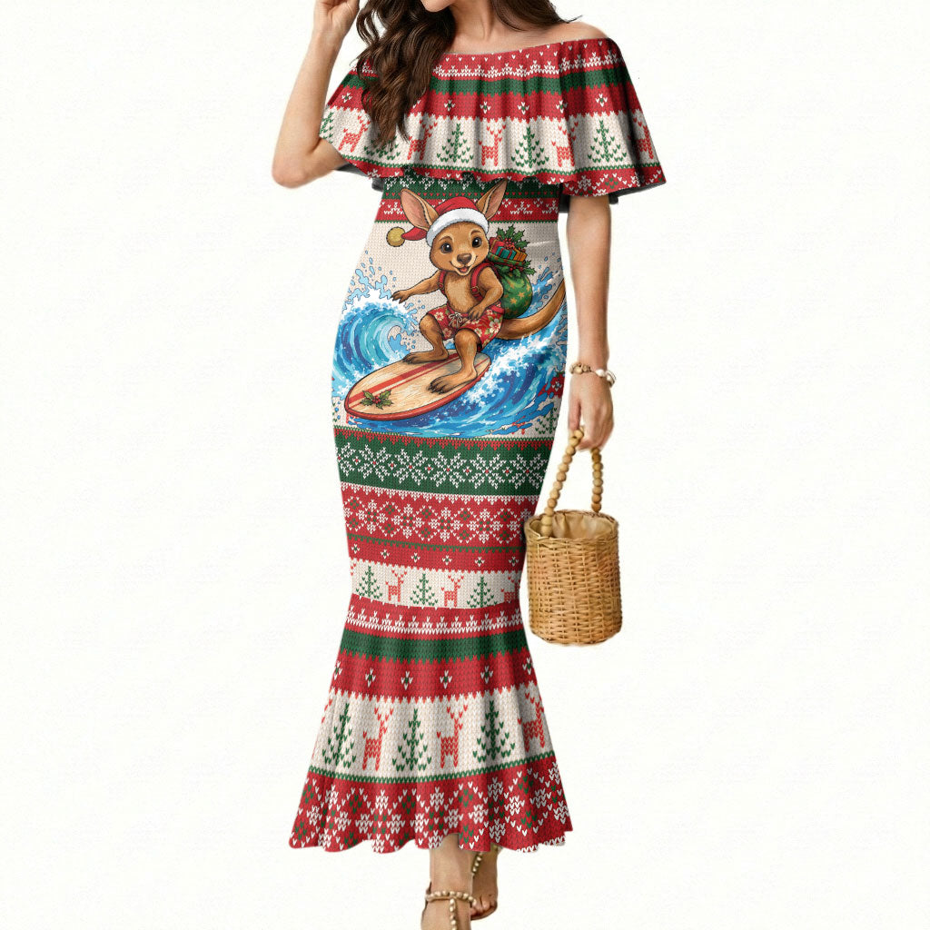 Aussie Wallaby Santa Surf Christmas Mermaid Dress Festive Knitted Pattern Inspired