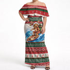 Aussie Wallaby Santa Surf Christmas Off Shoulder Maxi Dress Festive Knitted Pattern Inspired
