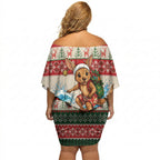 Aussie Wallaby Santa Surf Christmas Off Shoulder Short Dress Festive Knitted Pattern Inspired