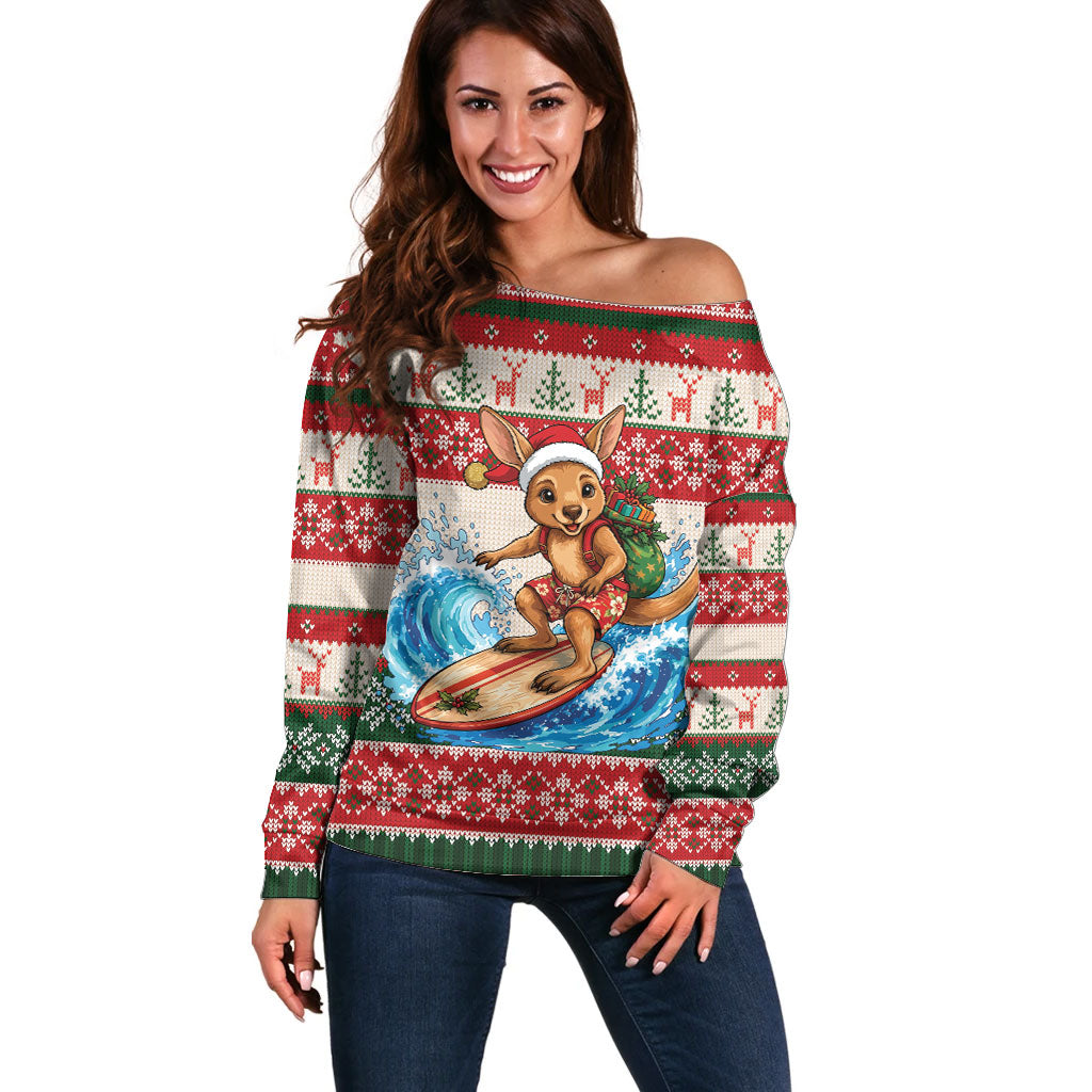 Aussie Wallaby Santa Surf Christmas Off Shoulder Sweater Festive Knitted Pattern Inspired