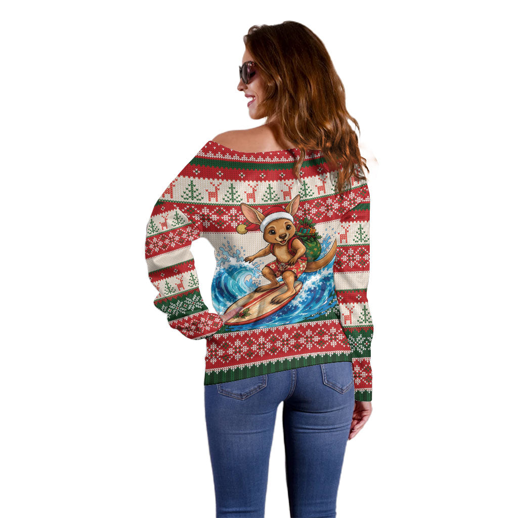 Aussie Wallaby Santa Surf Christmas Off Shoulder Sweater Festive Knitted Pattern Inspired