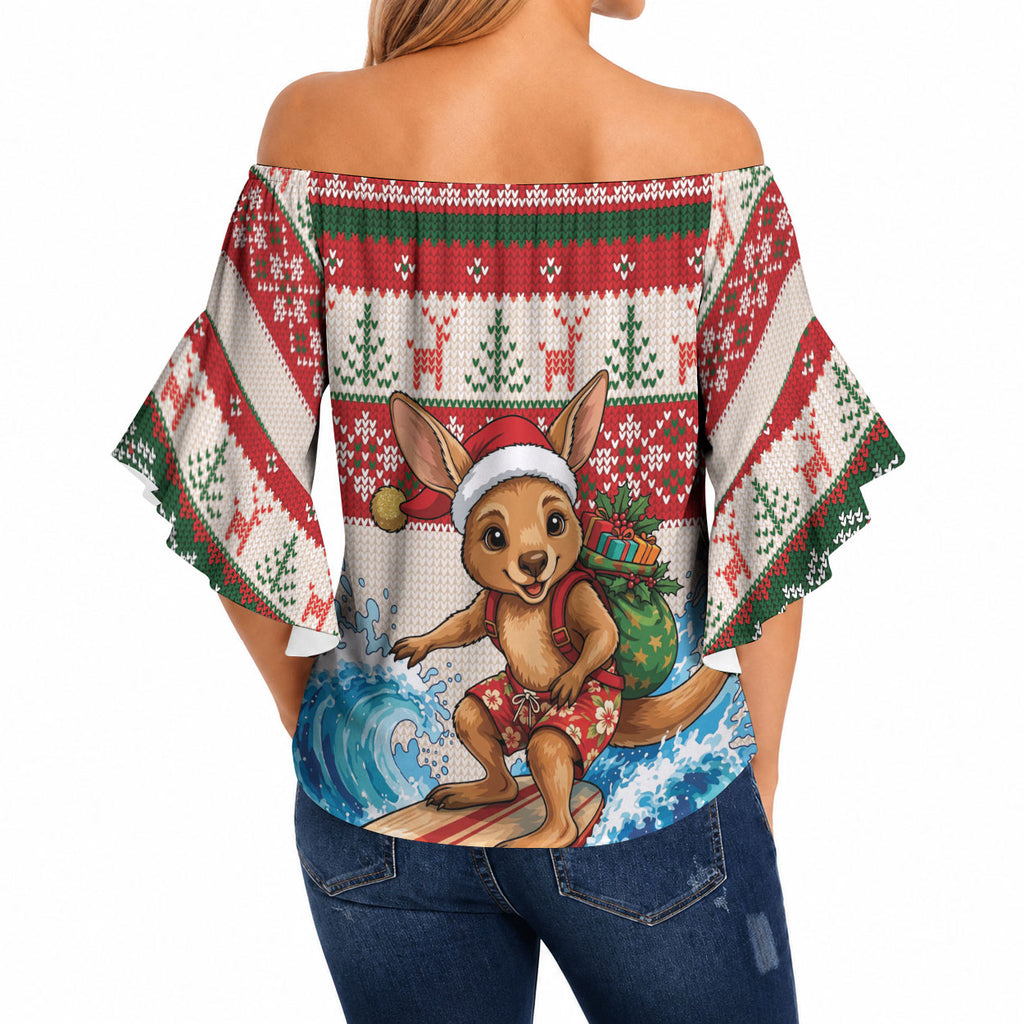 Aussie Wallaby Santa Surf Christmas Off Shoulder Wrap Waist Top Festive Knitted Pattern Inspired