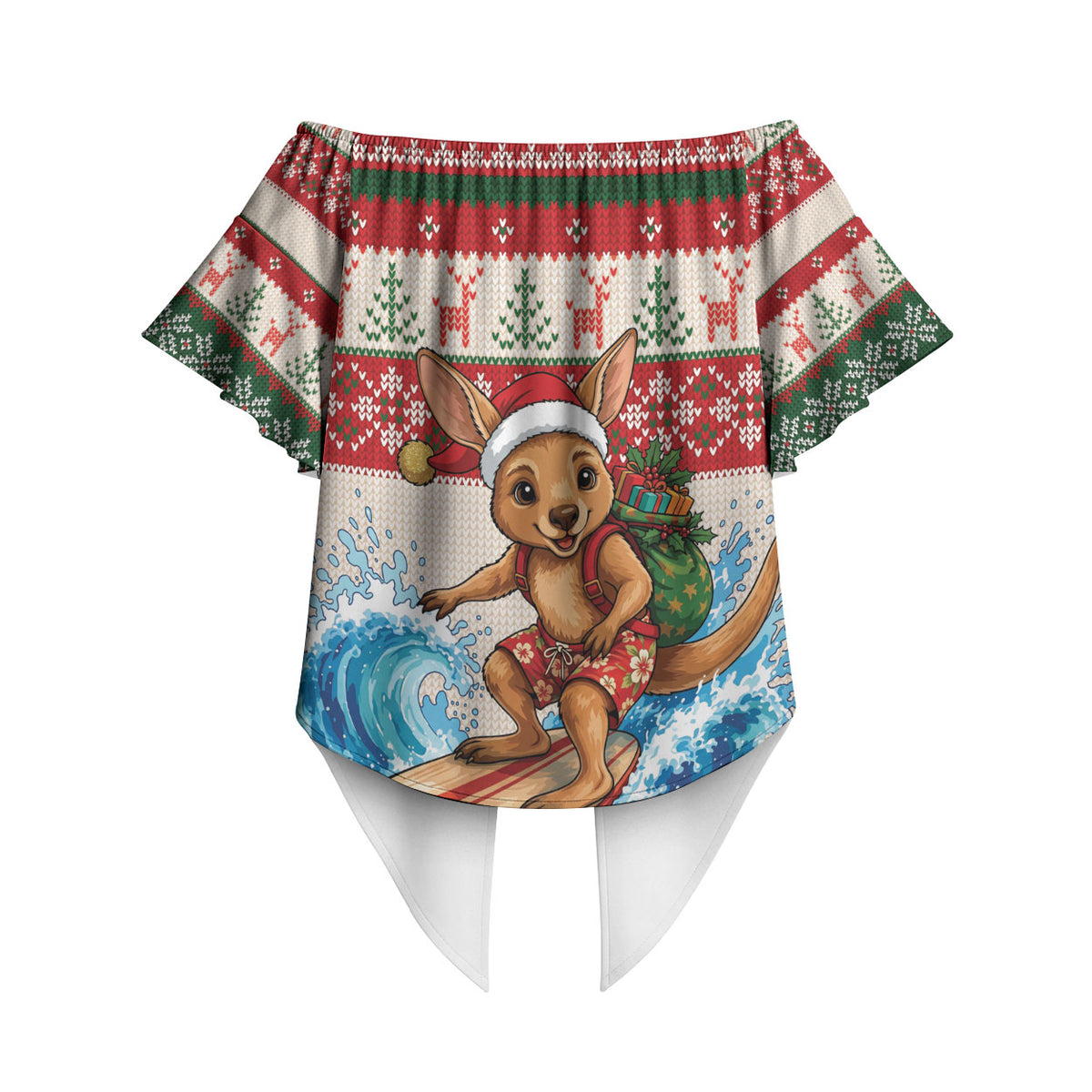 Aussie Wallaby Santa Surf Christmas Off Shoulder Wrap Waist Top Festive Knitted Pattern Inspired