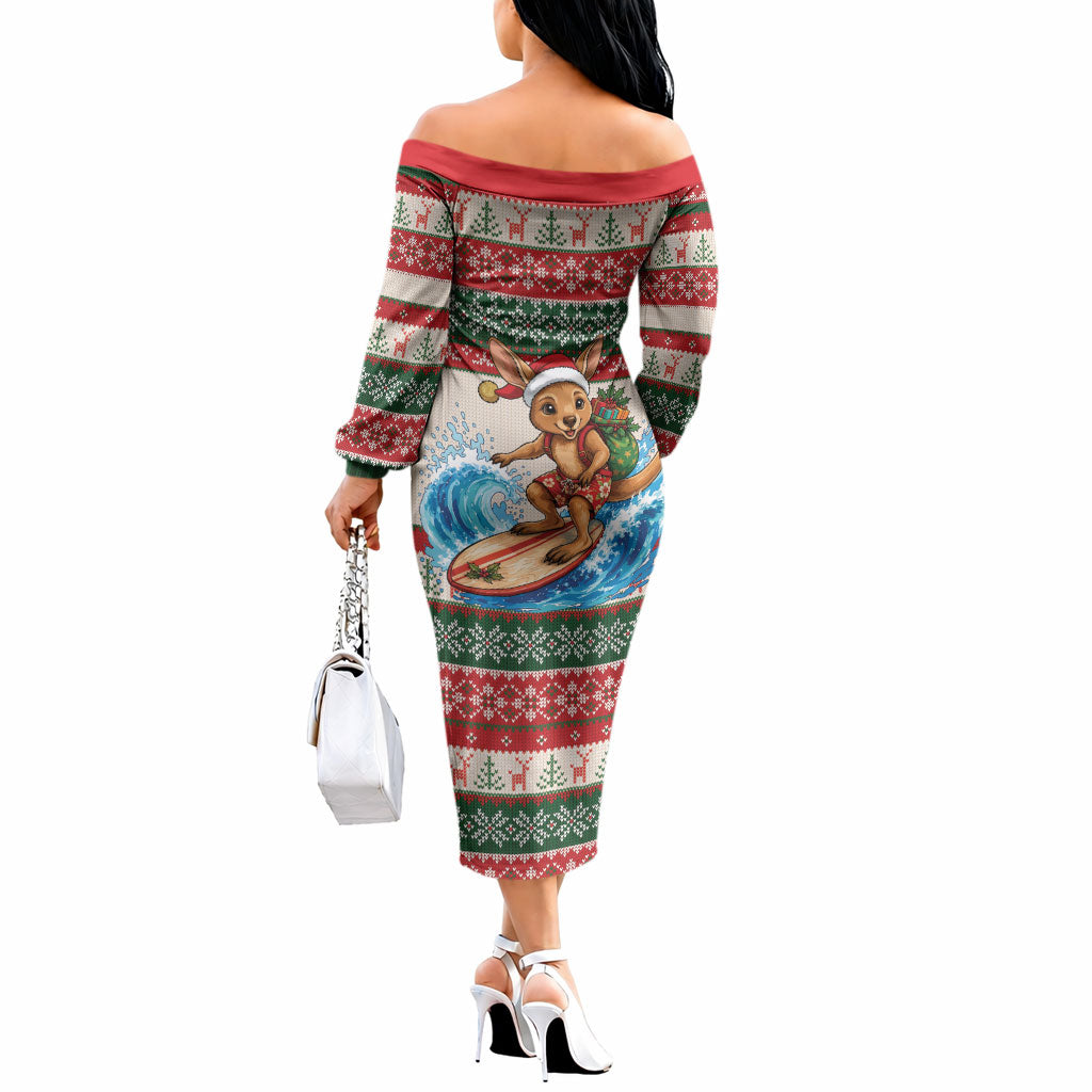 Aussie Wallaby Santa Surf Christmas Off The Shoulder Long Sleeve Dress Festive Knitted Pattern Inspired