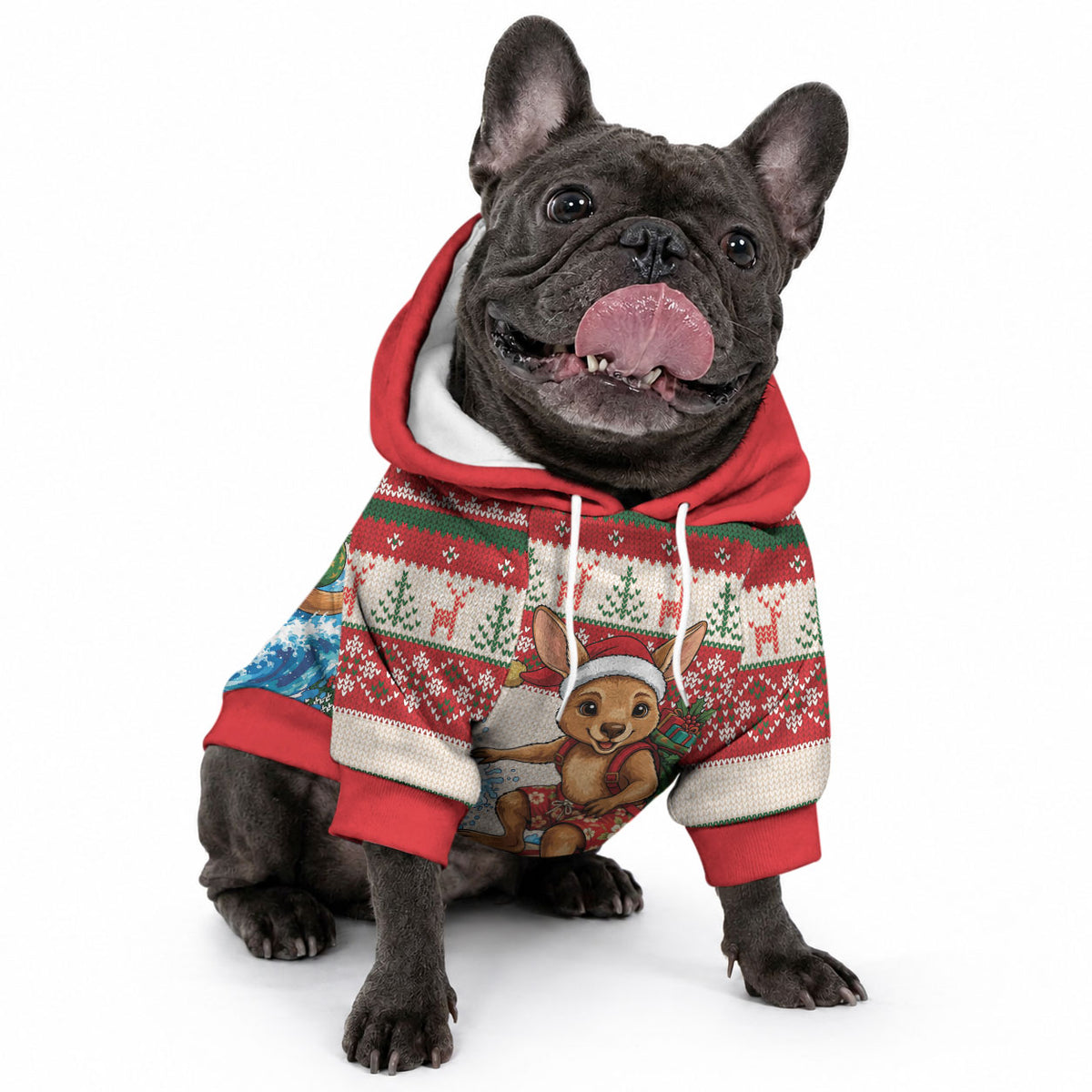 Aussie Wallaby Santa Surf Christmas Pet Hoodie Festive Knitted Pattern Inspired
