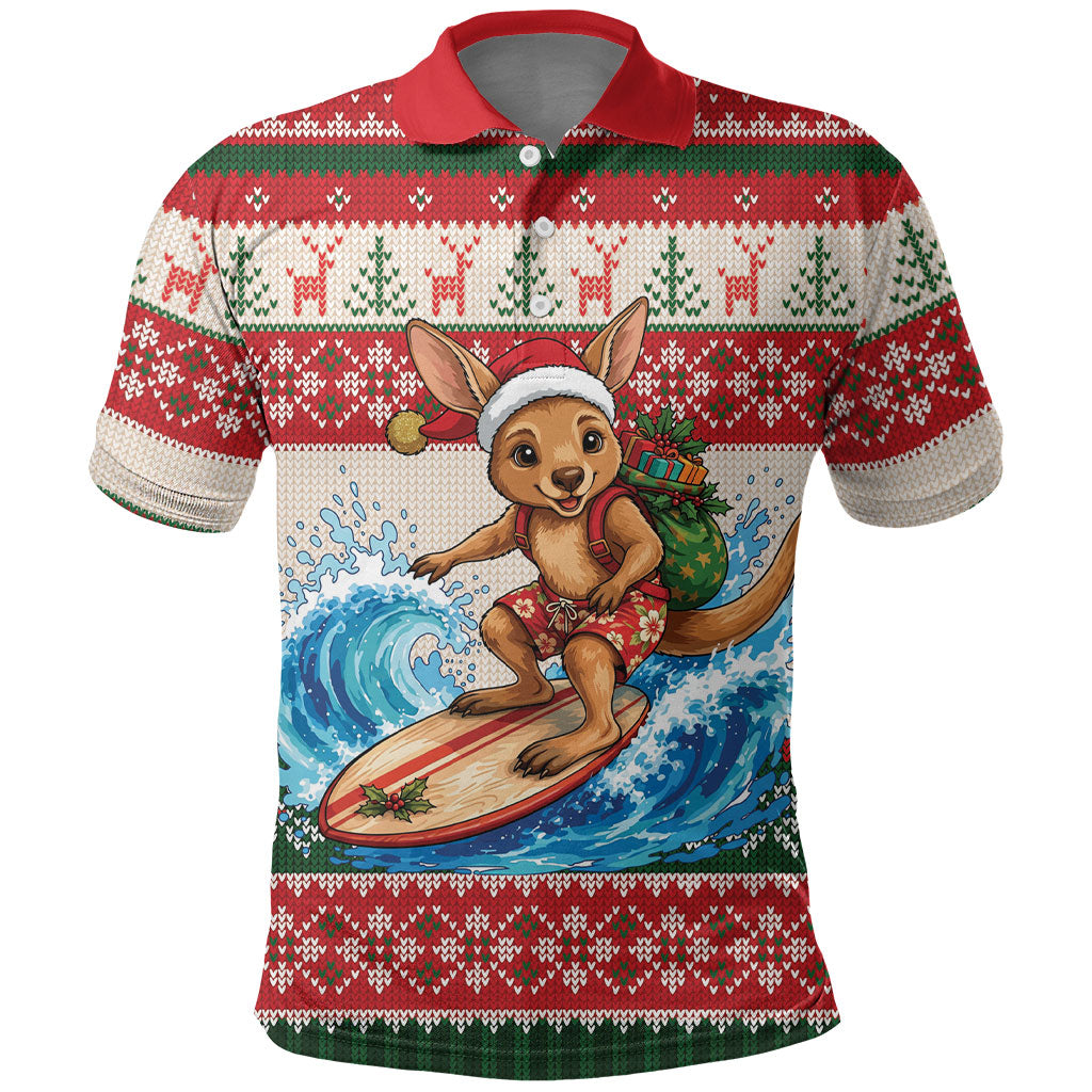 Aussie Wallaby Santa Surf Christmas Polo Shirt Festive Knitted Pattern Inspired