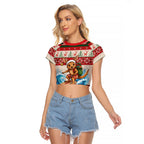 Aussie Wallaby Santa Surf Christmas Raglan Cropped T Shirt Festive Knitted Pattern Inspired