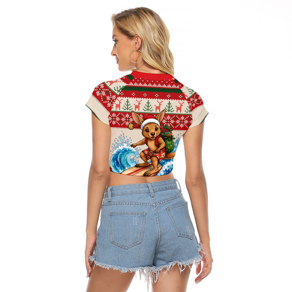 Aussie Wallaby Santa Surf Christmas Raglan Cropped T Shirt Festive Knitted Pattern Inspired