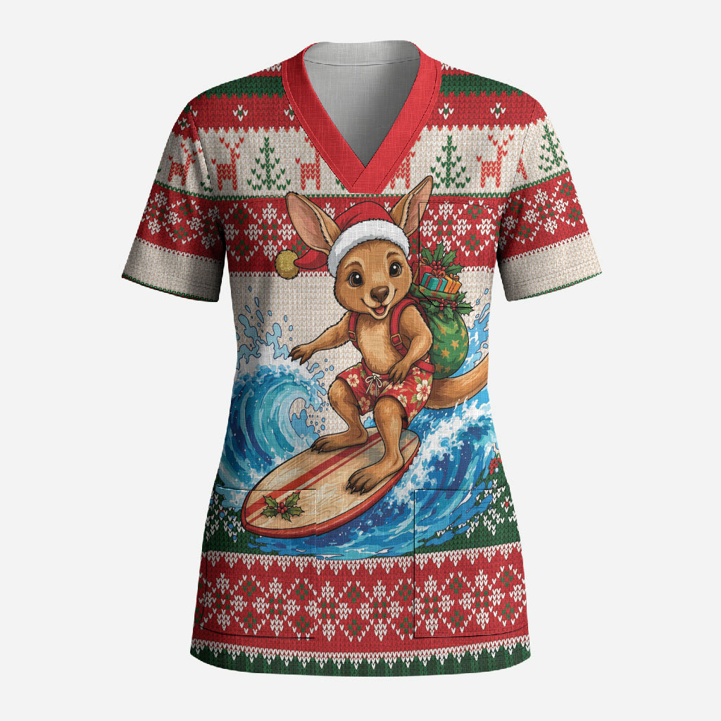 Aussie Wallaby Santa Surf Christmas Scrub Top Festive Knitted Pattern Inspired