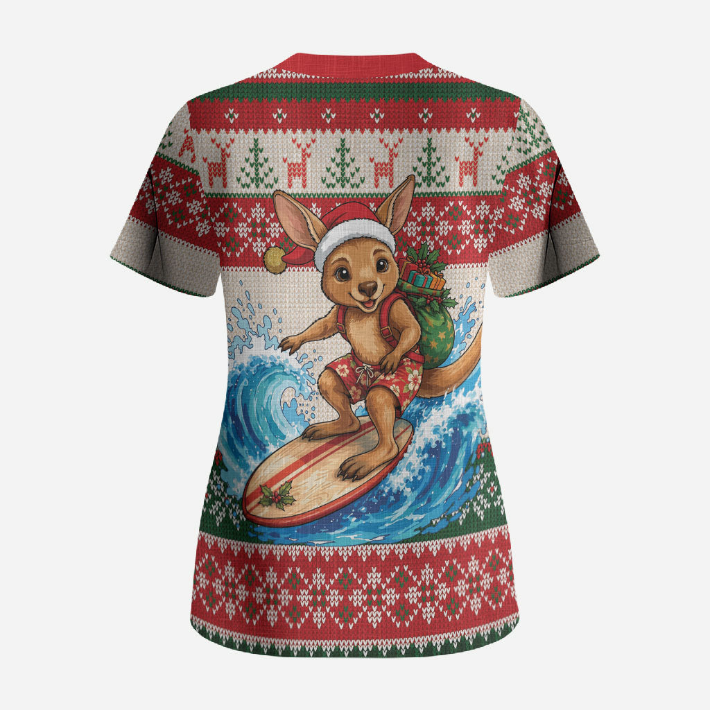 Aussie Wallaby Santa Surf Christmas Scrub Top Festive Knitted Pattern Inspired