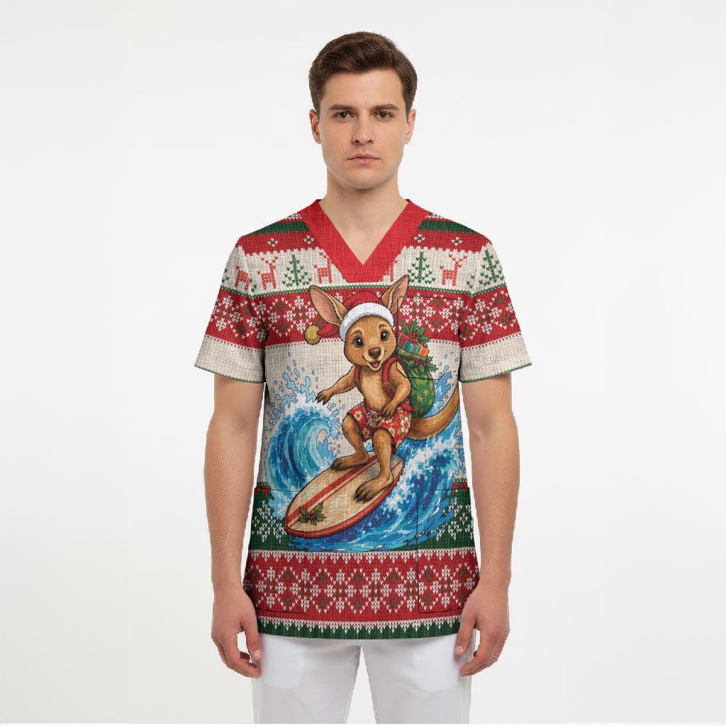 Aussie Wallaby Santa Surf Christmas Scrub Top Festive Knitted Pattern Inspired