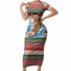 Aussie Wallaby Santa Surf Christmas Short Sleeve Bodycon Dress Festive Knitted Pattern Inspired