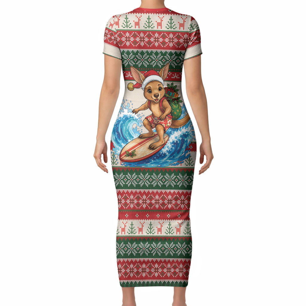 Aussie Wallaby Santa Surf Christmas Short Sleeve Bodycon Dress Festive Knitted Pattern Inspired