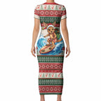 Aussie Wallaby Santa Surf Christmas Short Sleeve Bodycon Dress Festive Knitted Pattern Inspired