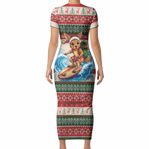 Aussie Wallaby Santa Surf Christmas Short Sleeve Bodycon Dress Festive Knitted Pattern Inspired