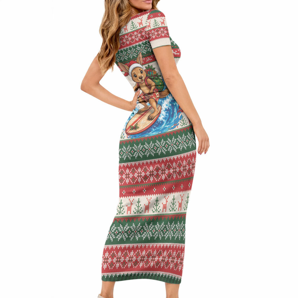 Aussie Wallaby Santa Surf Christmas Short Sleeve Bodycon Dress Festive Knitted Pattern Inspired