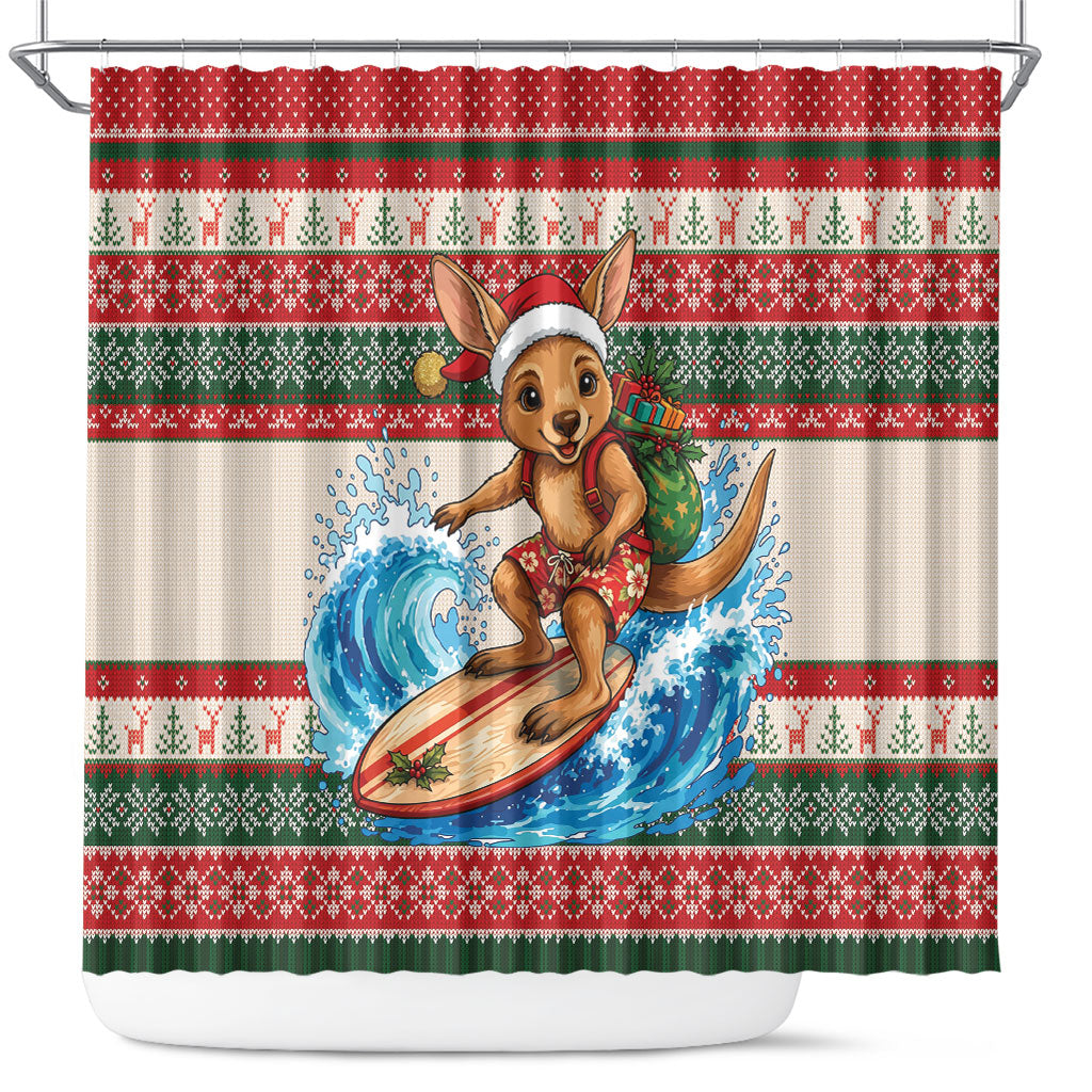 Aussie Wallaby Santa Surf Christmas Shower Curtain Festive Knitted Pattern Inspired