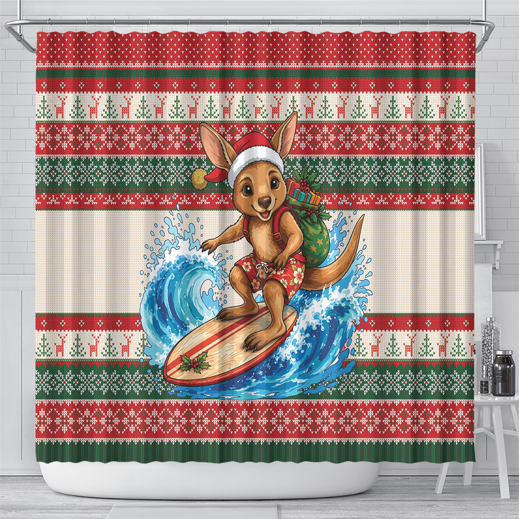 Aussie Wallaby Santa Surf Christmas Shower Curtain Festive Knitted Pattern Inspired